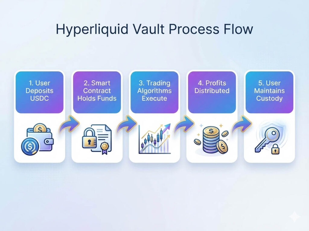 Hyperliquid vault process flowchart: user deposits maintaining keys, smart contract holds funds, algorithms execute trades, profits distribute while user retains custody and withdrawal rights
