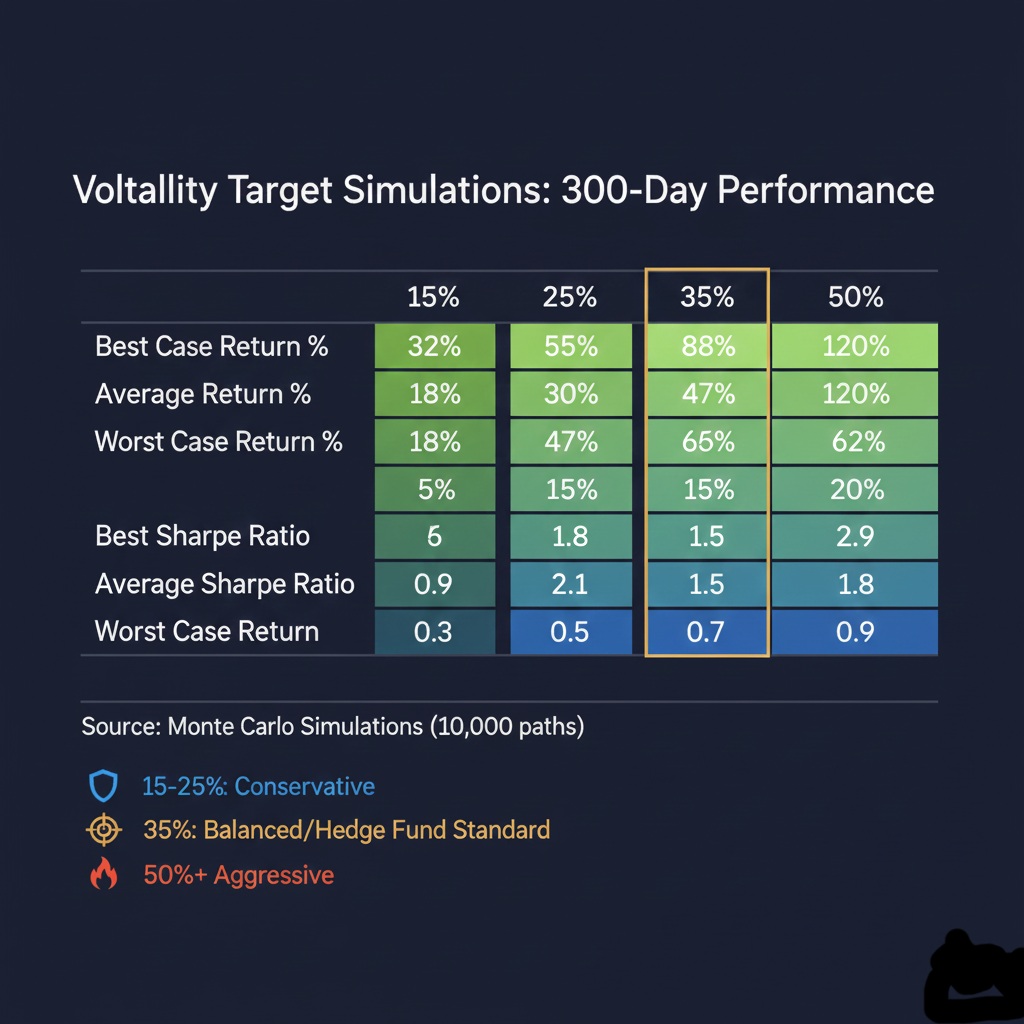 15% volatility target simulation showing best/average/worst case equity curves over 300 days with corresponding Sharpe ratios