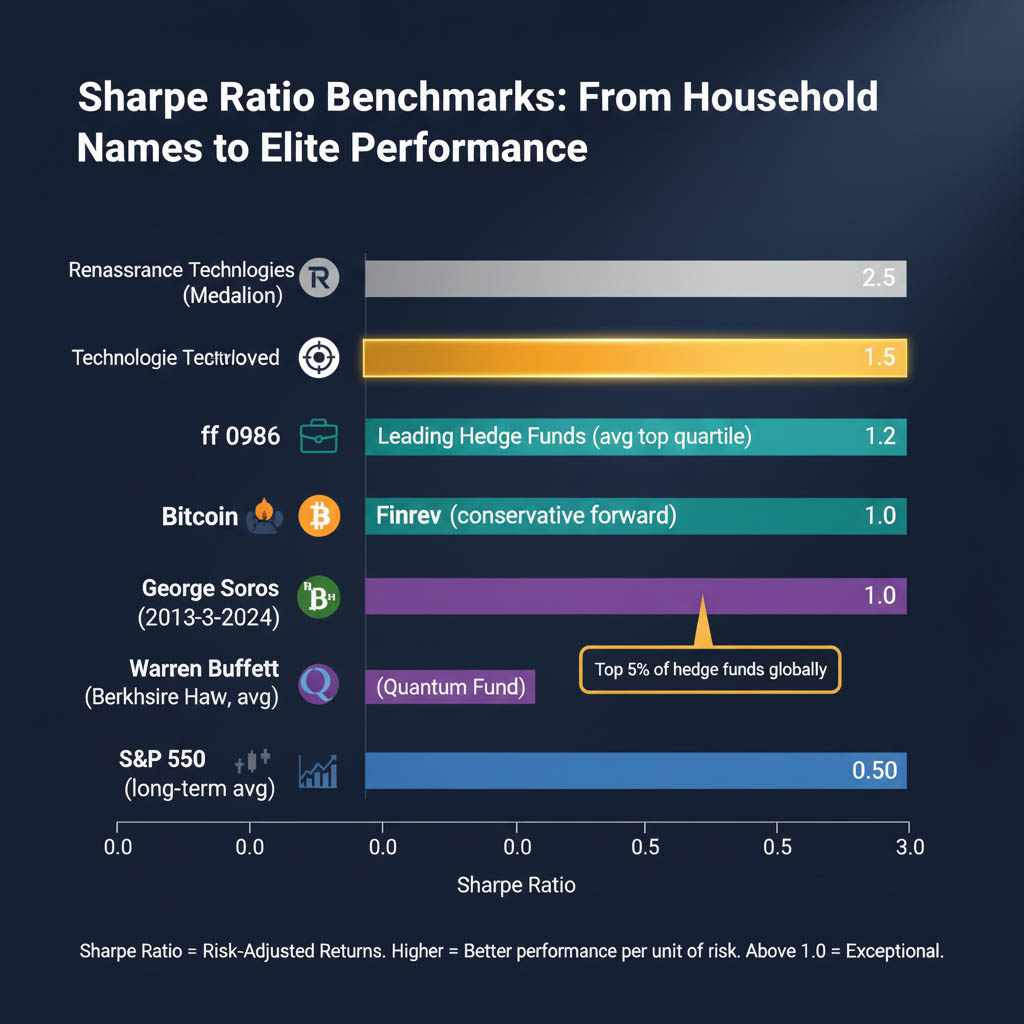 Sharpe ratio comparison chart showing Finrev's 1.5 ratio in context: higher than Bitcoin (0.81), Warren Buffett (0.76), and George Soros (1.0), placing it in top 5% of hedge funds globally