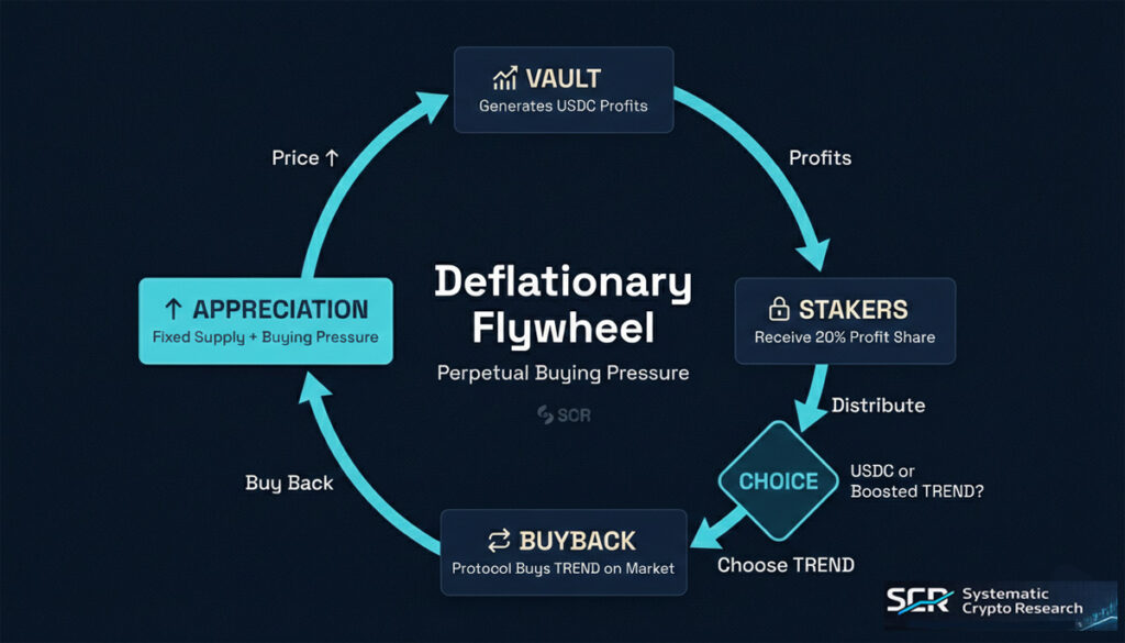 Circular flywheel diagram showing Trend coin's deflationary tokenomics: vault profits fund staker rewards, boosted TREND rewards trigger market buybacks, creating perpetual buying pressure and price appreciation