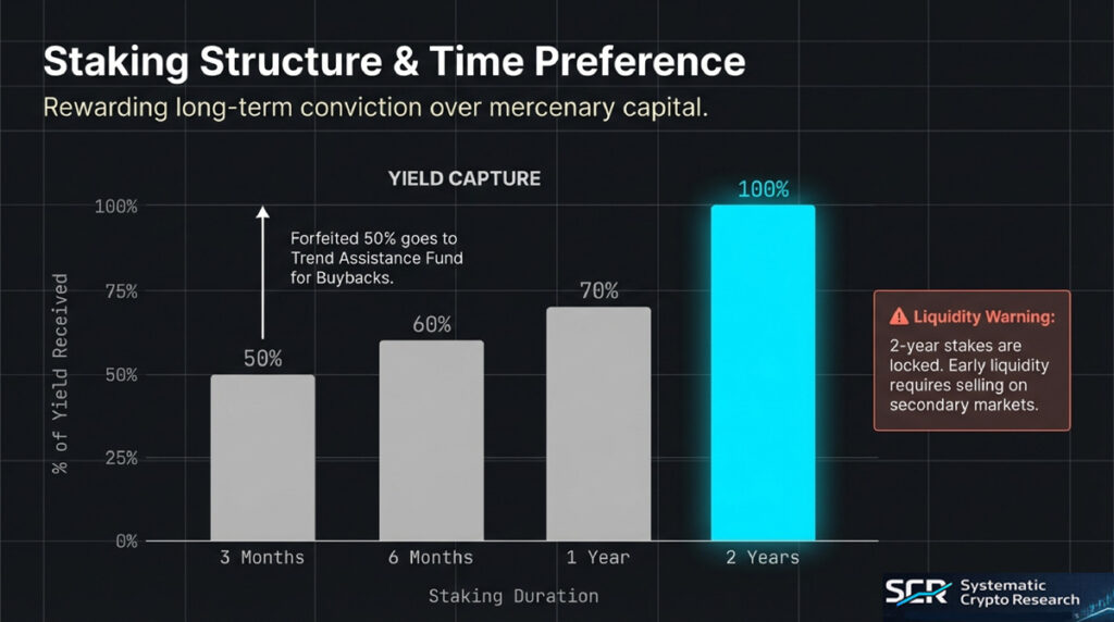Bar chart showing Trend coin staking yields scale with lock-up duration: 3 months earns 50%, 6 months 60%, 1 year 70%, and 2 years receives full 100% yield in USDC