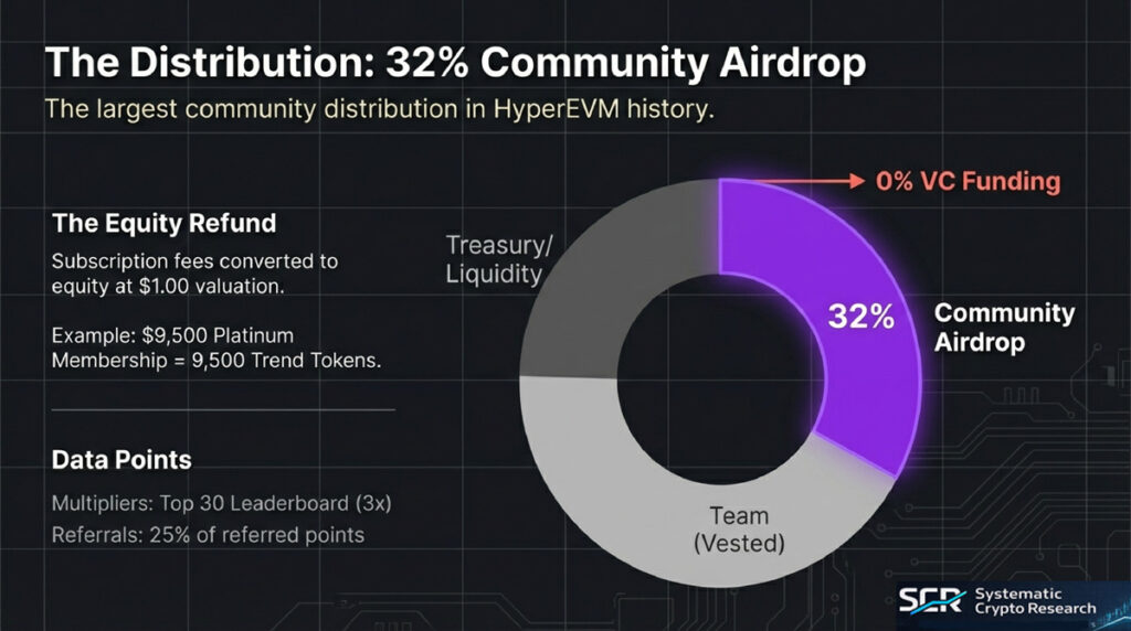 Pie chart showing Trend token distribution with 32% community airdrop (largest in HyperEVM history), 25% performance-vested team tokens, 18% fair launch, 15% foundation, 10% market makers and partnerships