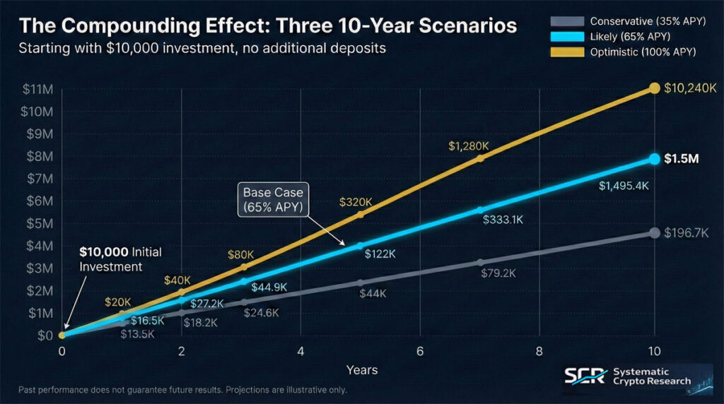Compound growth chart showing $10,000 investment growing to $197K (conservative), $1.5M (likely), or $10.2M (optimistic) over 10 years in HyperTrend Vault based on different annual return scenarios