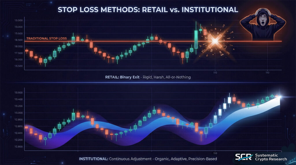 Comparison of traditional stop loss versus continuous position sizing used by professional trading algorithms