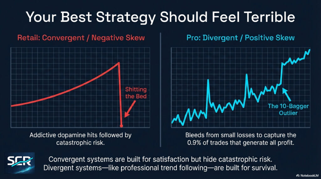 Negative skew trading strategy equity curve versus positive skew showing outlier returnscontinuous position sizing used by professional trading algorithms
