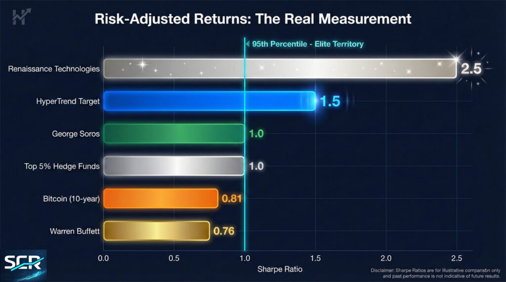 Sharpe ratio comparison chart showing Warren Buffett, Bitcoin, hedge funds, and HyperTrend target performance