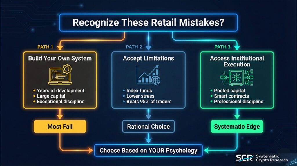Decision flowchart showing three options for traders who recognize retail mistakes