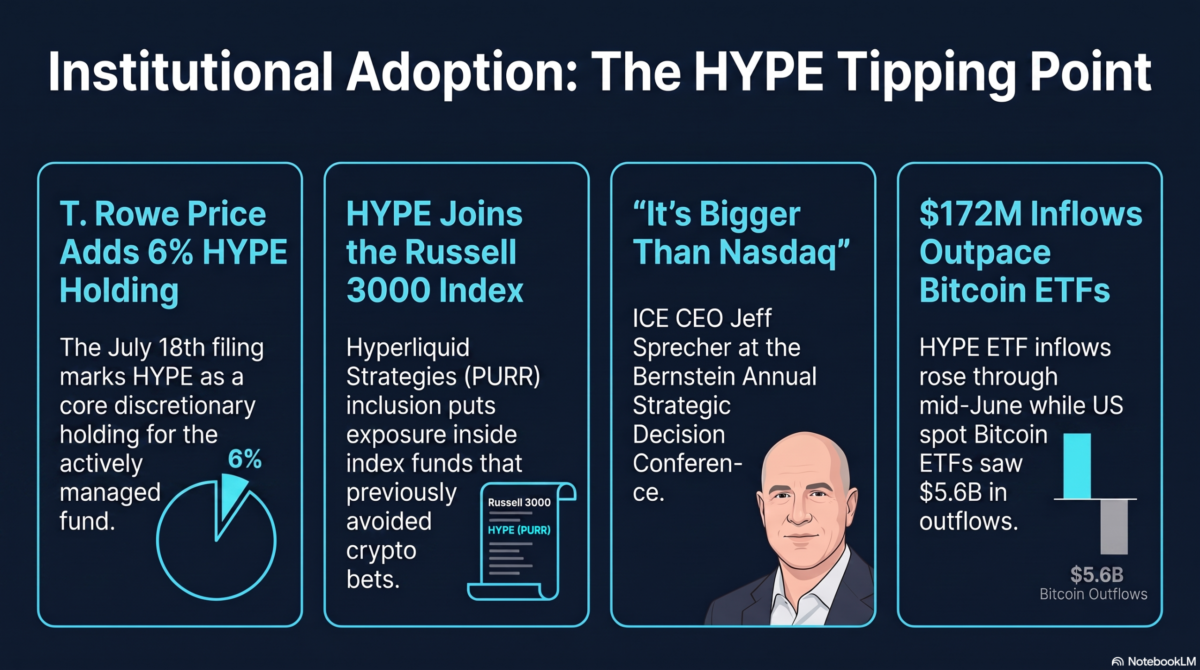 Infographic on Hyperliquid institutional adoption tipping point featuring T. Rowe Price allocation, Jeff Sprecher quote, and Russell 3000 inclusion