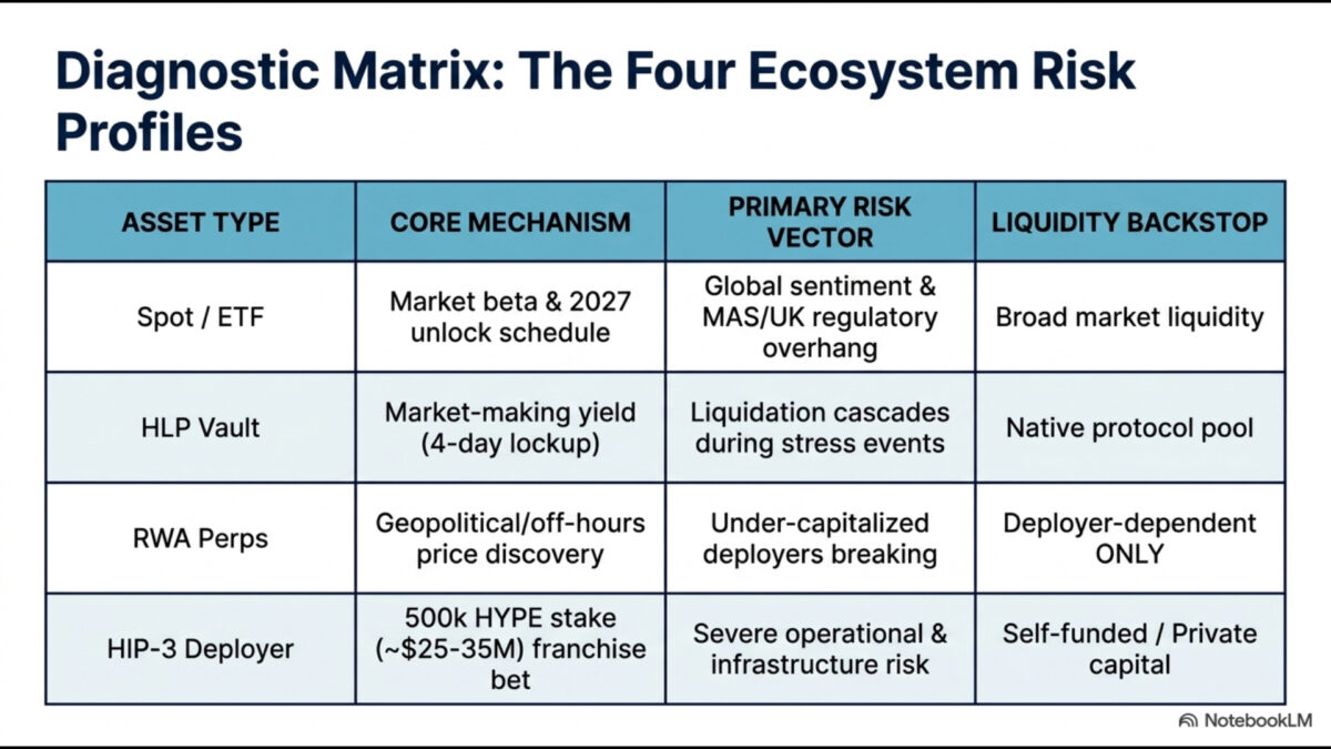 Diagnostic matrix comparing the four Hyperliquid ecosystem risk profiles: holding HYPE, HLP vault deposits, HIP-3 trading, and HIP-3 deployment