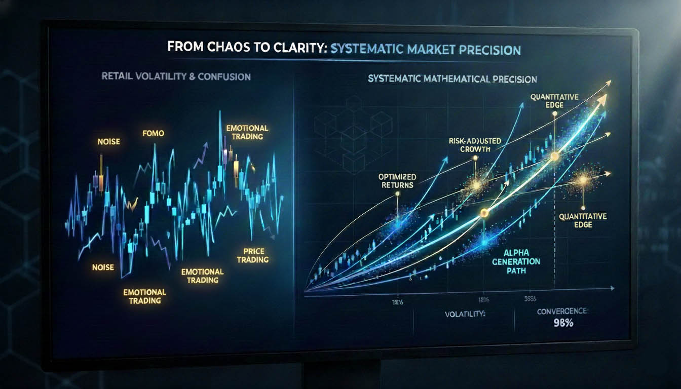 Financial visualization showing Sharpe ratio mathematics and Monte Carlo simulations transforming crypto market volatility into systematic hedge fund returns