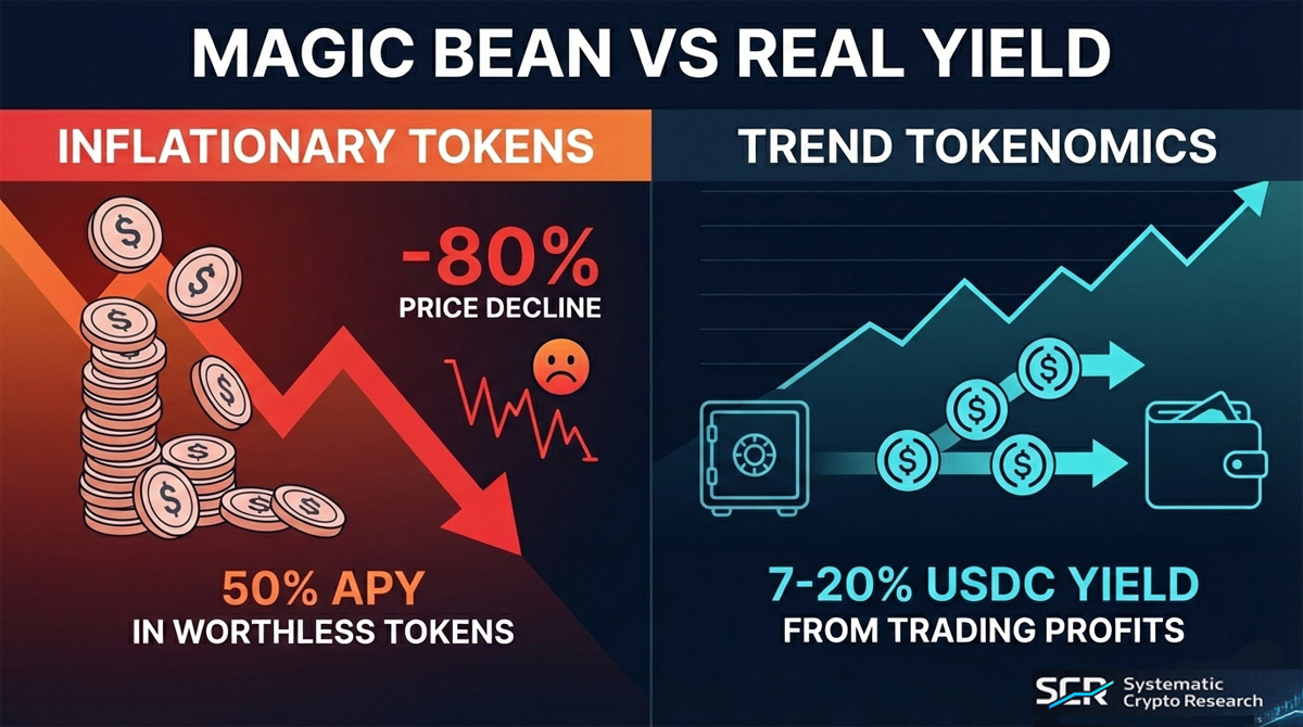 Magic beans versus real yield comparison chart for Trend coin tokenomics and USDC passive income