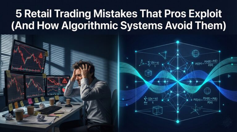 Split screen showing stressed retail trader versus clean algorithmic trading system visualization