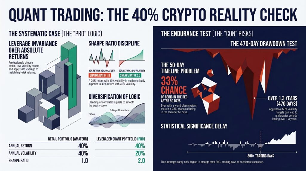 Infographic examining quant trading returns in crypto: the 40% annual target case for and against, including the 470-day draw-down timeline problem