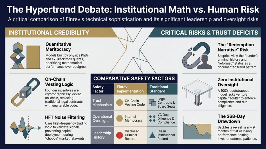 Infographic on crypto trading team credibility: the case for and against trusting a team with criminal history and zero VC oversight, with on-chain accountability as the counter