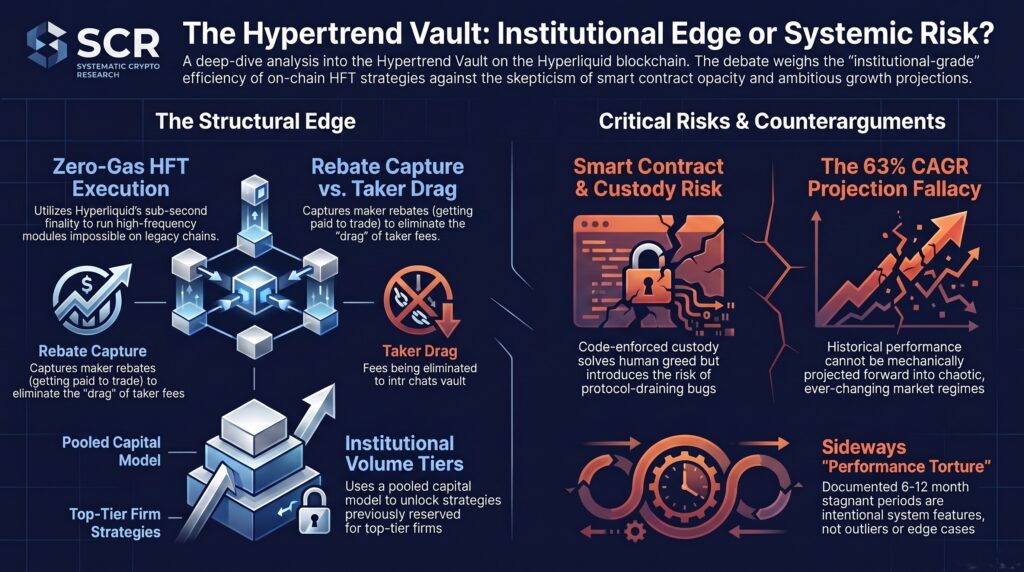 Infographic on maker rebates in crypto trading: HyperTrend vault infrastructure structural edge versus smart contract risk and extended drawdown counterarguments