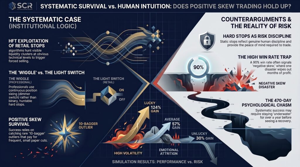 Infographic on positive skew versus negative skew trading strategy: why high win rates signal catastrophe and how HFT systems exploit retail stop-losses