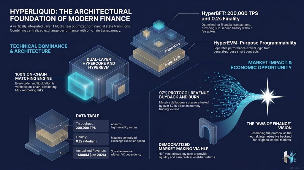 • Infographic detailing Hyperliquid's Layer 1 blockchain architecture, highlighting its dual-layer HyperCore and HyperEVM, HyperBFT achieving 200,000 TPS, a 100% on-chain matching engine, and economic models like protocol revenue buyback and HLP market making