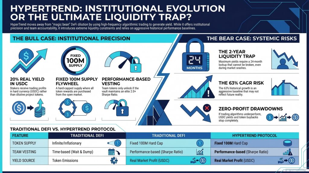 Infographic comparing real yield crypto in USDC versus printed DeFi APY: HyperTrend tokenomics debate showing buyback flywheel pros and 2-year lockup risks